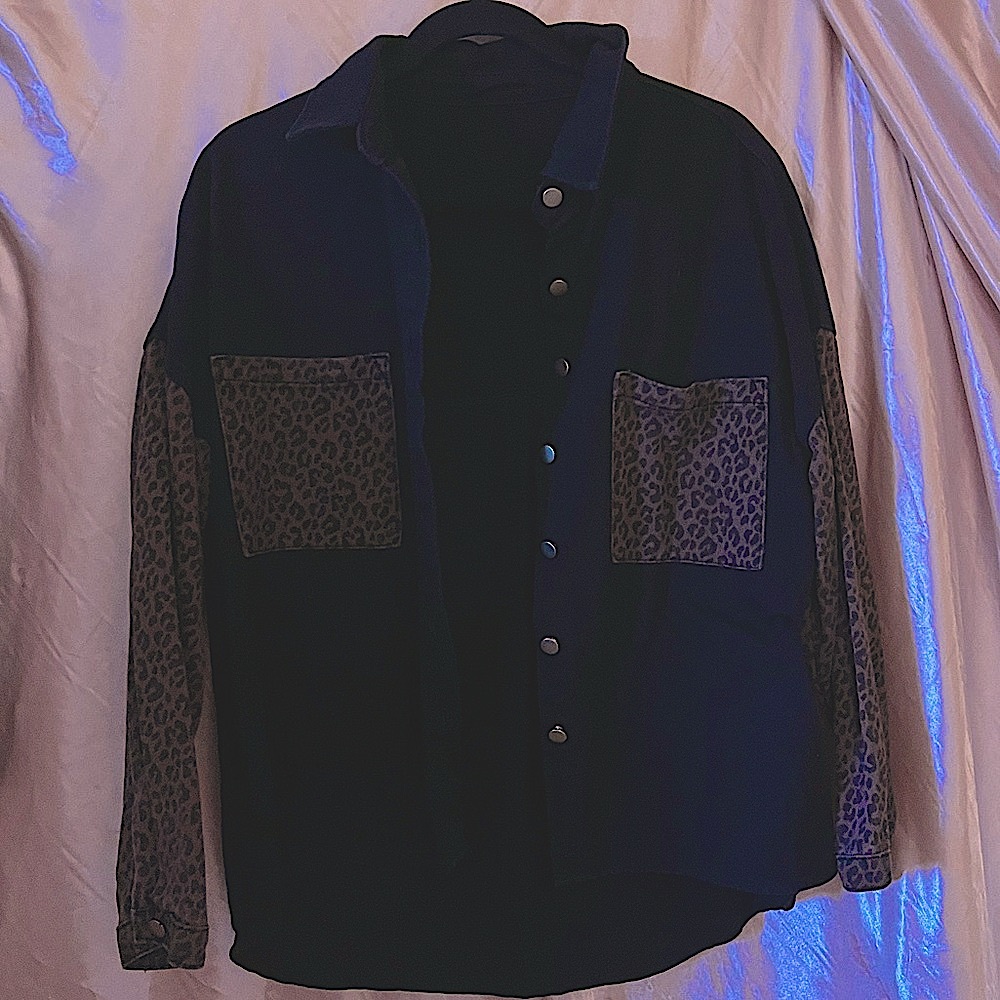 Black Corduroy Double-Breasted Shirt Jacket w Leopard pockets & leopard arms